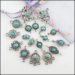 Fashion New Turquoise Stone Connectors Charms Flower Oval Round Tibetan Silver Plated Pendants Retro