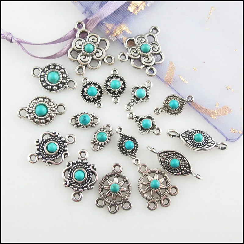 Fashion New Turquoise Stone Connectors Charms Flower Oval Round Tibetan Silver Plated Pendants Retro
