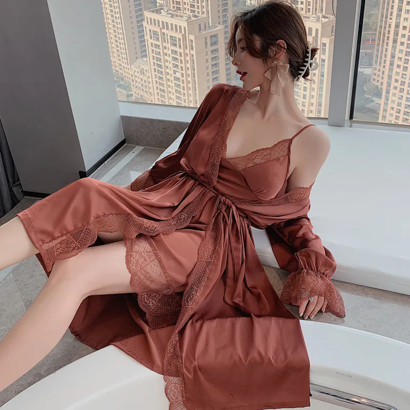 Sexy Pink Rayon Wedding Robe Suspender Nightgown Two-piece Suit Women Spring Summer Sleepwear Intimate Lingerie Loose Home Dress