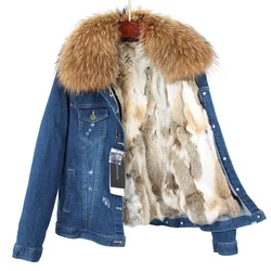 Maomaokong2023 New Natural Raccoon Fur Collar Real Rabbit Fur Lining Women's Winter Warm Hole Denim Coats Jackets