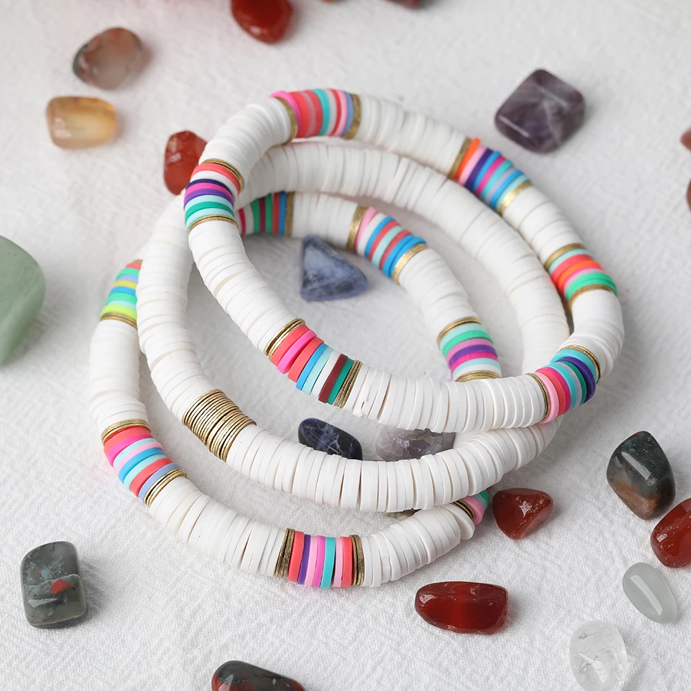 10Pcs White Rainbow 8mm Disc Heishi Vinyl Bohemia Bracelet Women Polymer Clay Beads Elastic String BraceletSummer Jewelry