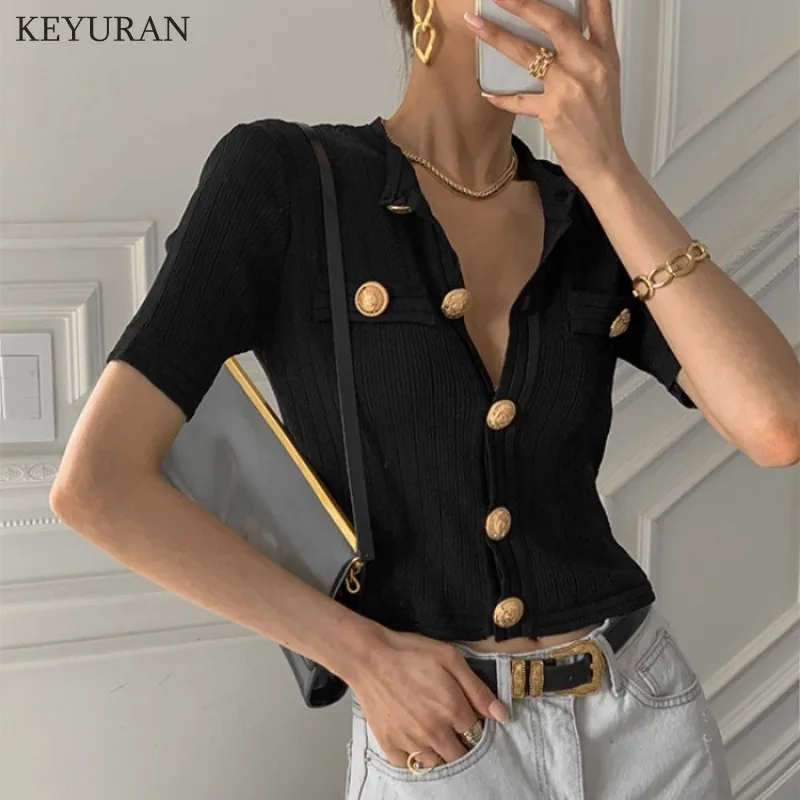 Woman Chic Cardigan Summer Elegant Temperament O-neck Big Button Design Slim Solid Versatile Female Short Knitting Top