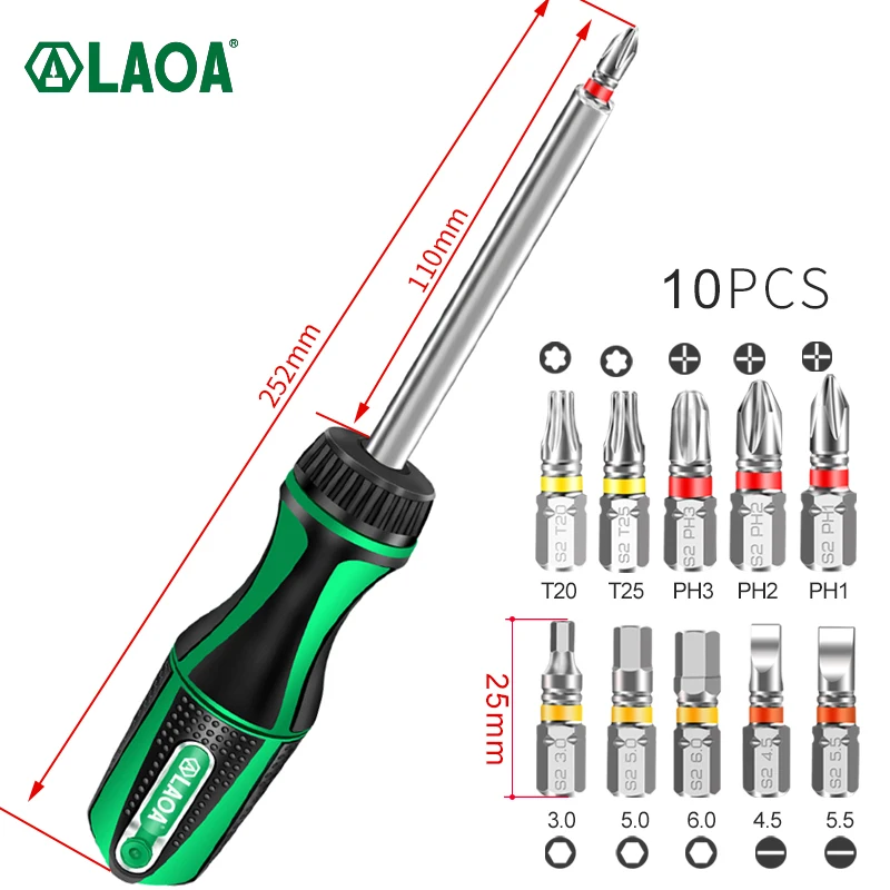 LAOA 10 in 1 Ratchet Screwdriver Set 10pcs S2 Phillips Slotted Torx Hexagon Screwdriver Bits 48T 20N.m Aluminum Rod Tools