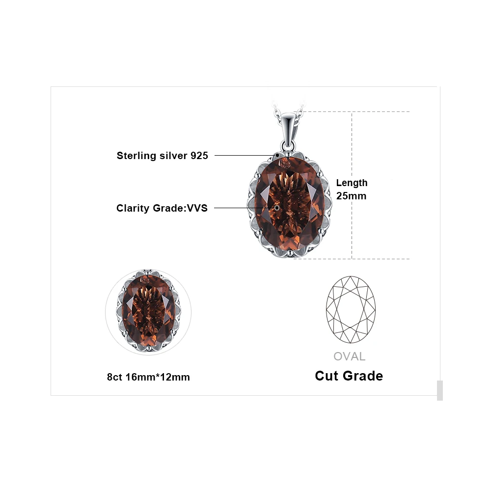 JewelryPalace Large 8ct Natural Smoky Quartz Pendant Necklace for Women Gemstone Statement 925 Sterling Silver Necklace No Chain