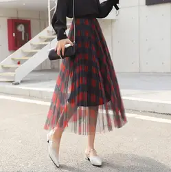 2020 spring new long red plaid women skirts contrast color yarn skirt high waist Elegant A Line High Waist Pleated mesh Women