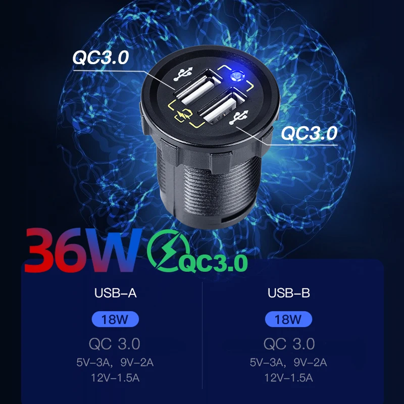 36W QC3.0 & PD Quick Charge 12-24V Voltmeter Digital Clock Cigar Lighter Power Outlet 5 Hole Panel Switch Car USB Charger Socket