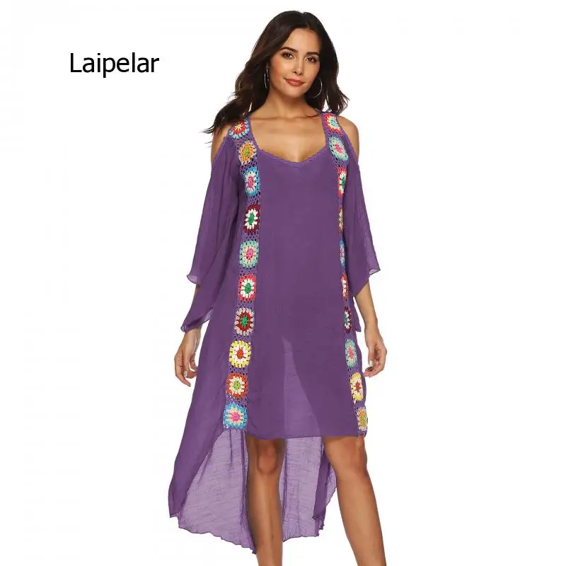 Hand Hook Feature Panel Open Shoulder Irregular Beach Ethnic Style Dress Women's Multi Color Summer 2021