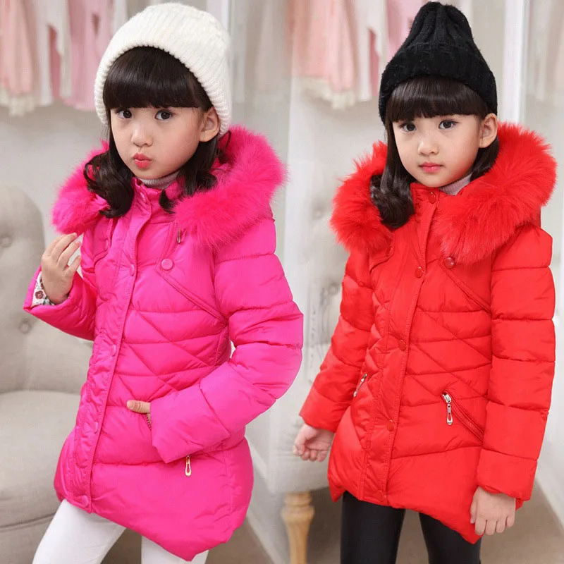 Kids Cothing Warm Padding Jacket For Girl Long Winter Thicken Parka With Fur Hood Children Outerwear Coats 4 6 8 10Year old