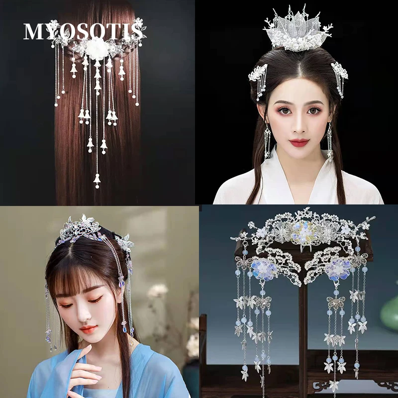 

Silver Color Hanfu Headdress Ethnic Style Hairpin Flower Tassel Fringe Jewelry Comb Hair Accessories for Women Girl