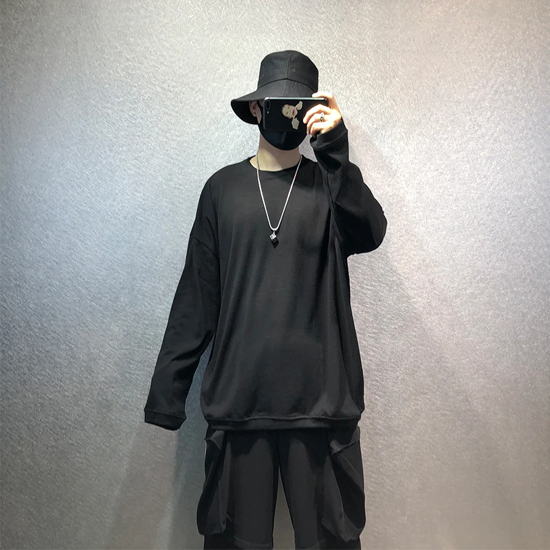 Autumn new Harajuku style solid color loose large size long-sleeved T-shirt dark black thin shoulder hip-hop bottoming shirt for