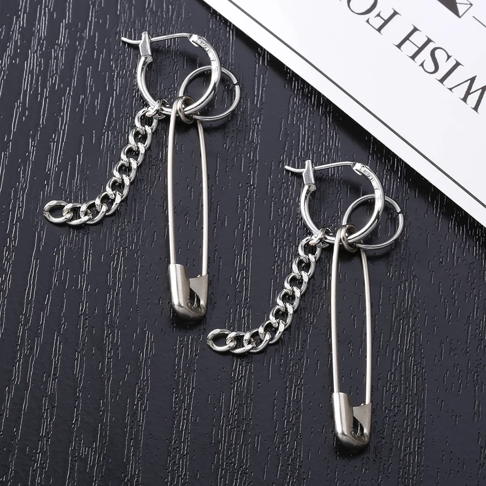 Hip-hop Punk Stainless Steel Hoop Earrings For Men Unisex Long Tassel Chain Geometric Round Circle Earrings Street Party Jewelry