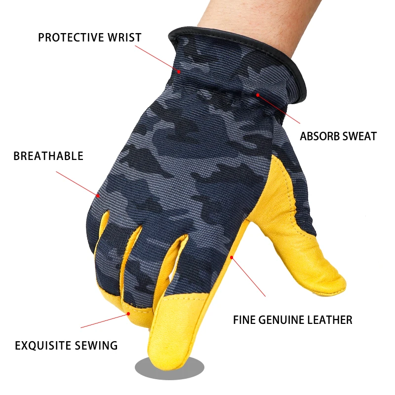 Qiangleaf 3pcs Work Gloves Protective Top Layer Cowhide Camouflage Cloth Tactics Safety Glove Wear Resistant Non-slip 9530MC