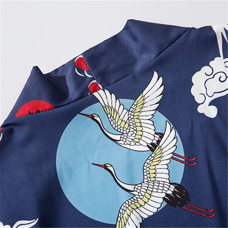 Bebovizi China Style Xiangyun Crane Print Streetwear Kimono Cardigan Robe Summer Men Women Haori Obi Japanese Tradition Clothing