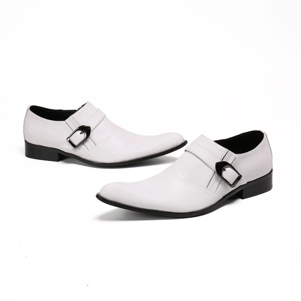 

White New Mens Business Dress Leather Shoes Pointed Toe Slip-on Casual Daily Buckle Leather Shoes