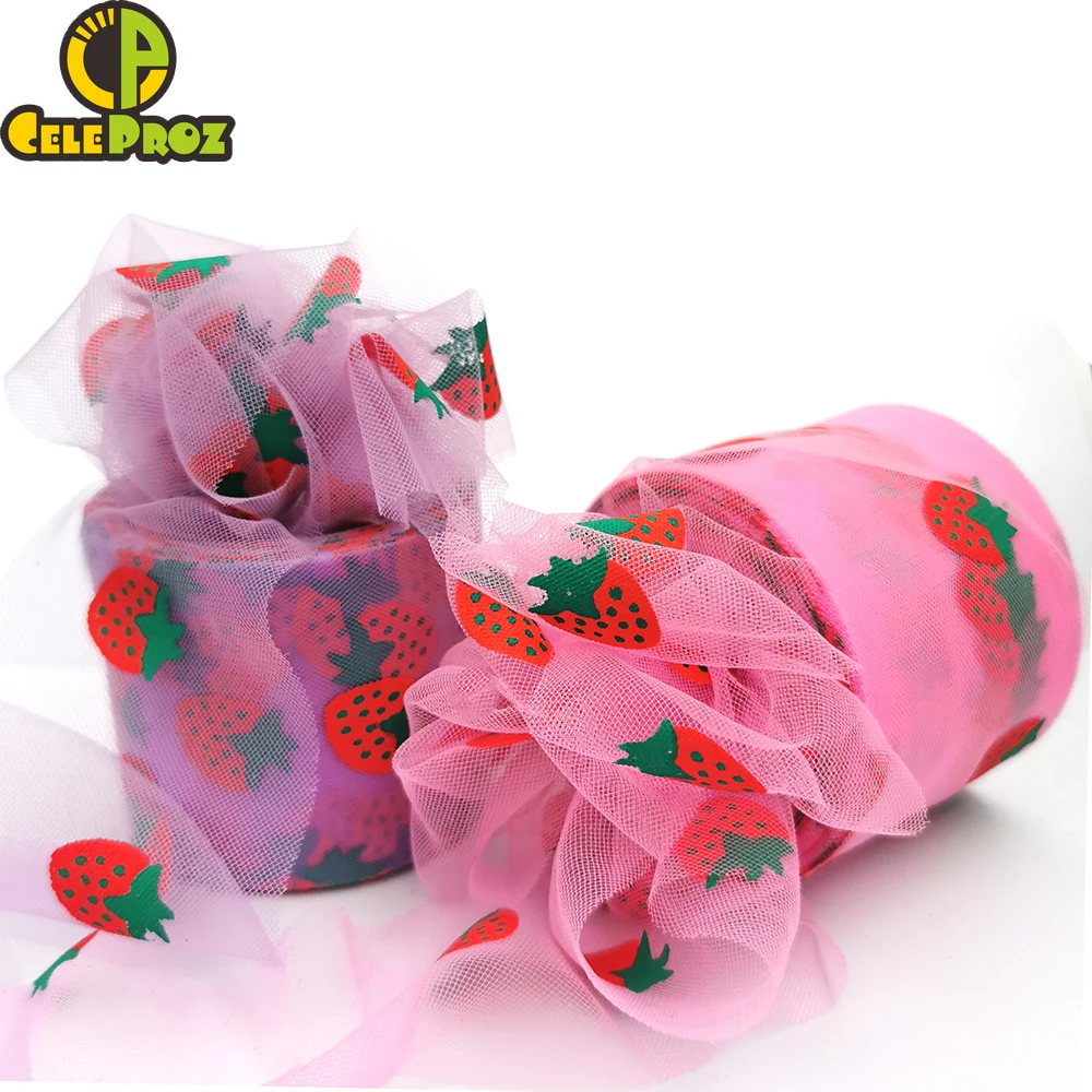 6cm Strawberry Tulle Ribbon Roll For DIY Handmade Craft Hair Ornament Baking Decoration Sunflower Printed Mesh Fabric Supplies