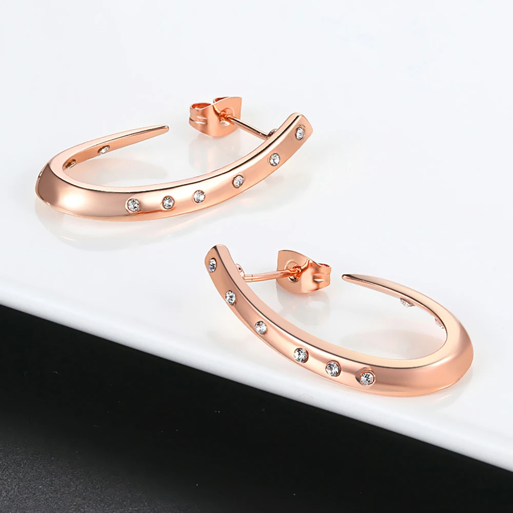 Top Quality Austrian Crystal Stud Earrings for Women Rose Gold Color Geometric Arc Shape Fashion Jewelry for Girl HotSale E598