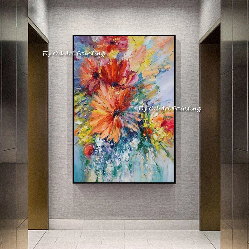 Large Size Abstract Colorful Blue Orange Flower Oil Painting On Canvas Handmade Picture Cuadros Wall Art Home Room Decoration