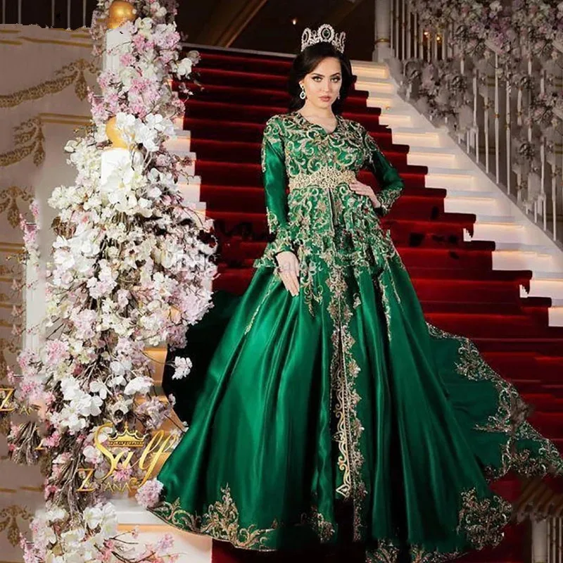 Caftano marocchino verde caftano abiti da sera musulmani a-line maniche lunghe Appliques perline Dubai arabo turchia Abaya abito islamico