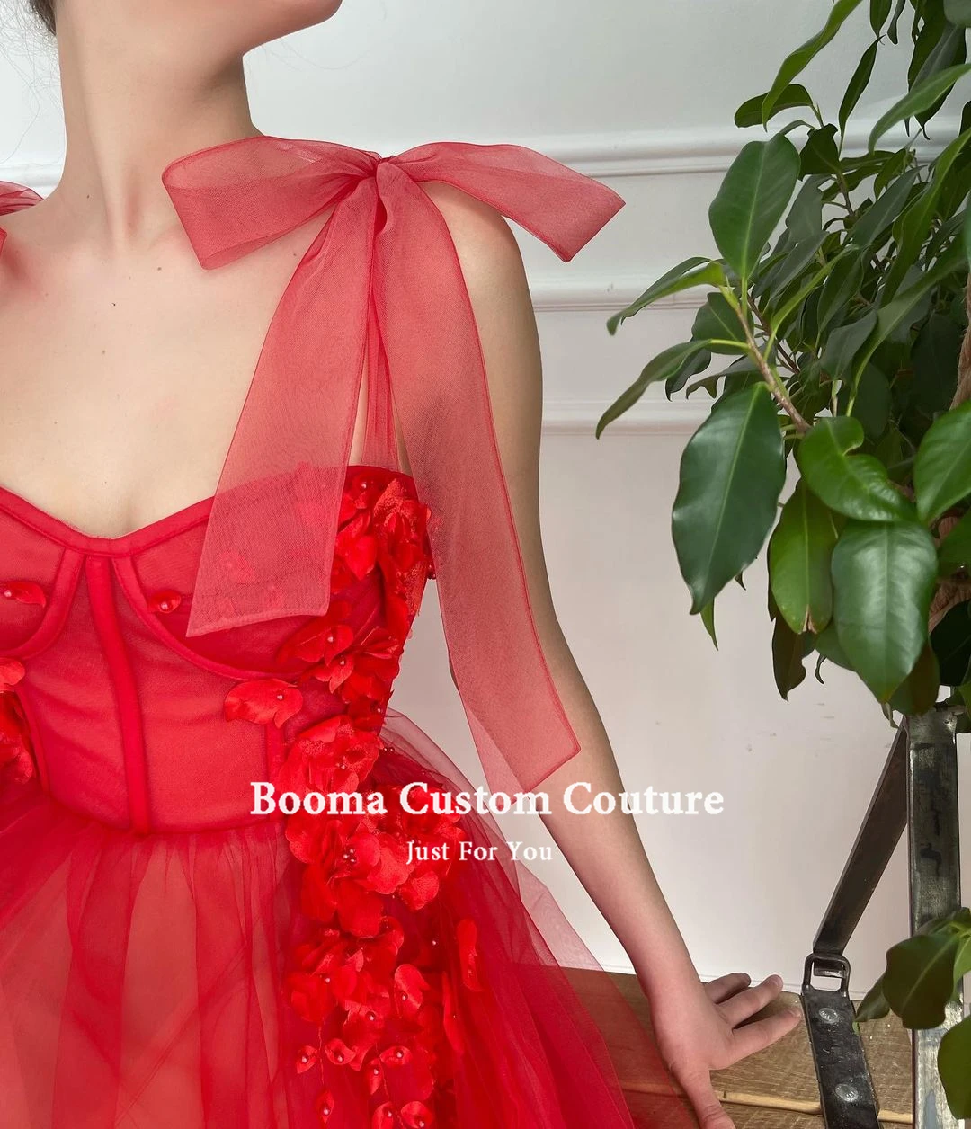 Booma Red Sweetheart Prom Dresses 2022 Flowers A-Line Tulle Prom Gowns with Pockets Tied Bow Straps Long Wedding Party Dresses