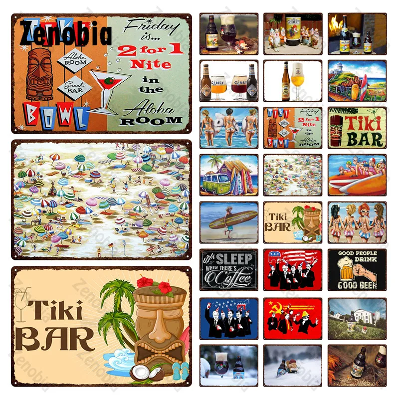 

Tiki Bar and Surfing By The Sea In The Sea Metal Poster and Metal Signs Vintage Retro Metal Plaque for Bar Pub Club Decoration