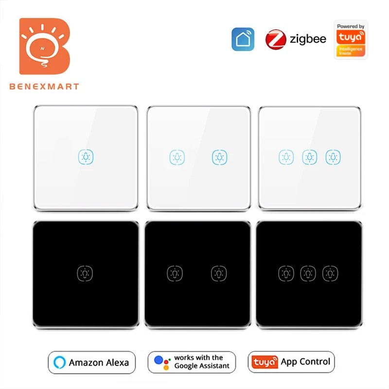 Benexmart EU Zigbee Wall Light Switch Tuya Smart Relay Touch Switch Neutral Required 1 2 3 Gangs Interrupter Alexa Google Home