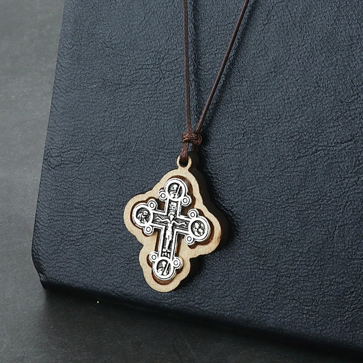 Womens Religious Orthodox Church Cross Necklaces Small Wood Crucifix Pendant Necklace for Men Adjustable Rope Chains ICXC CN100