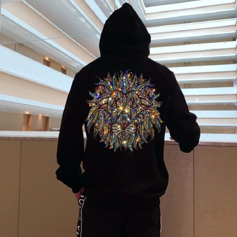 

New All-Match Comfortable Fashion Men's Hoodie Thickening Sports Hoody Rhinestone Gradient Colored Lion Head Tops