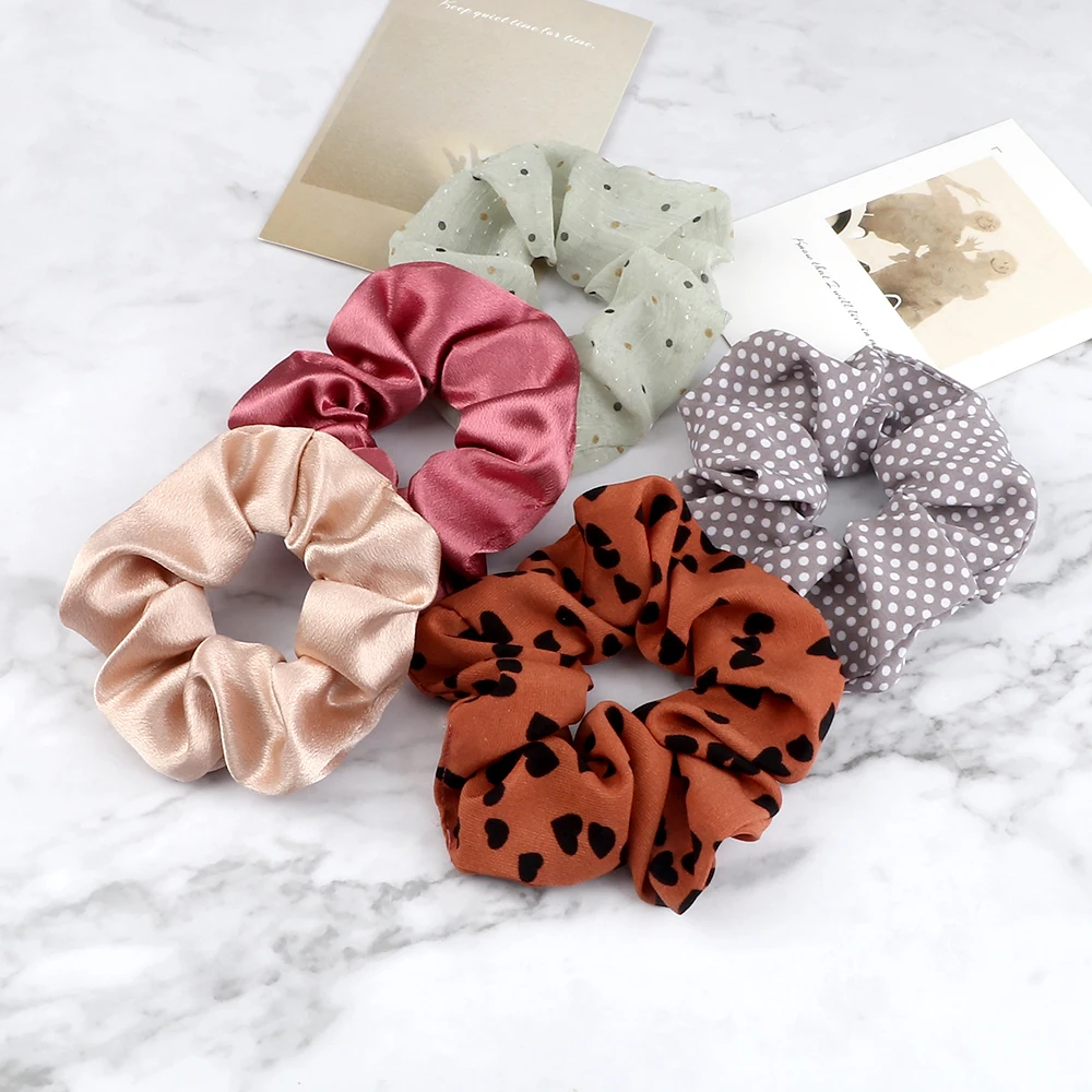 Women Girls Hair Bands Ties Satin Yarn Cotton Rubber Band Plaid Heart Pattern Korean Elastic Scrunchies Hair Accessories Holder