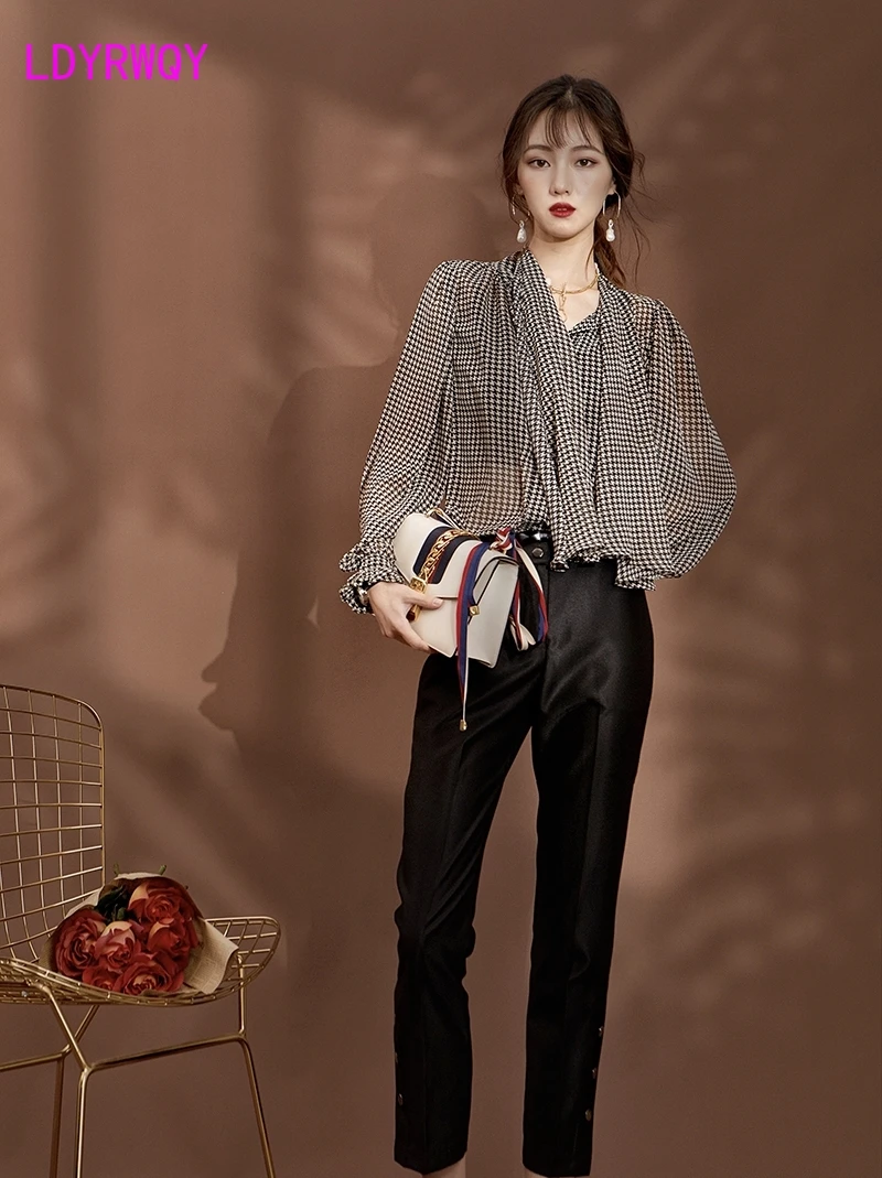 LDYRWQY Houndstooth retro French design shirt 2021 new temperament Regular Casual Bow Regular Polyester