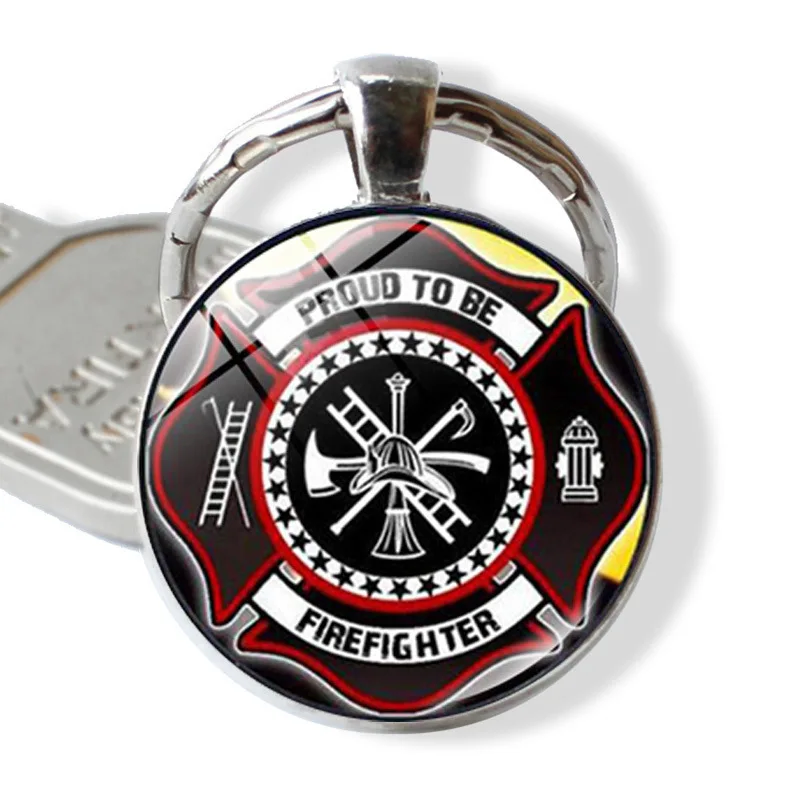 FIMAODZ Firefighter Keychain 25mm Glass Cabochon Fire Fighter Print Alloy Keyring Key Holder