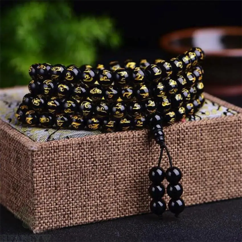 

8mm 108 Six Words of Mantra energys Obsidian Bracelets chic gorgeous Buddhist party energys Prayer