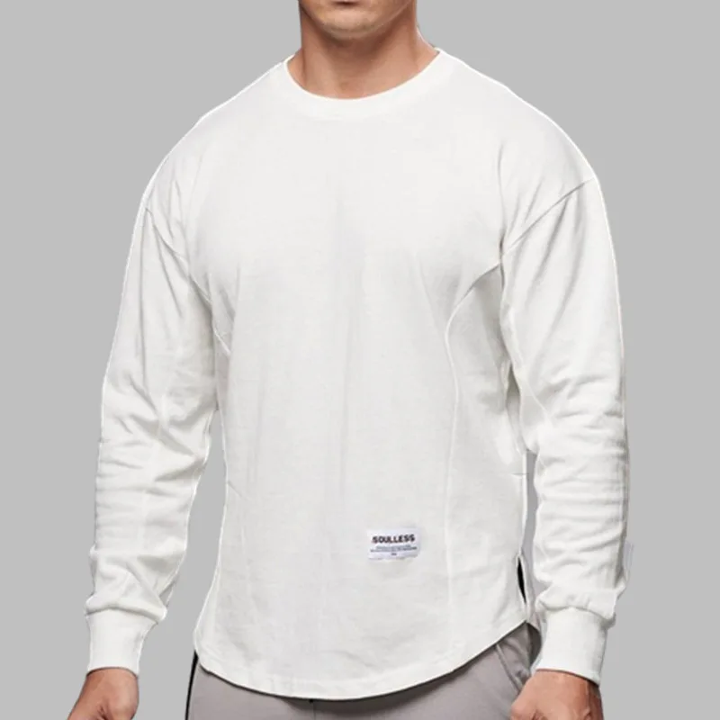 Męskie koszule z długim rękawem trwała bawełna T Shirt zaokrąglona krawędź męska jesienna koszula dla mężczyzn Workout Streetwear