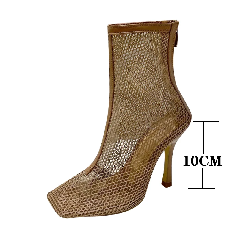 White High Heels Sexy Mesh Square Toe Hollow Out Back Zipper High-Top Summer Boots 10cm Green Fashion Show Women Shoes