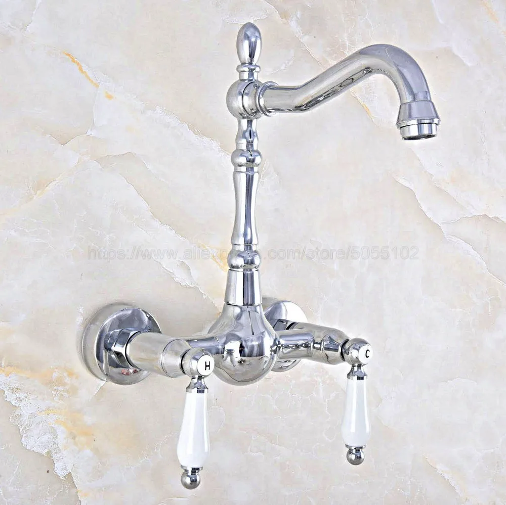 

Polished Chrome Dual Handles Bathroom Kitchen Sink Faucets Wall Mounted Swivel Spout Two Holes Kitchen Mixer Taps znf563