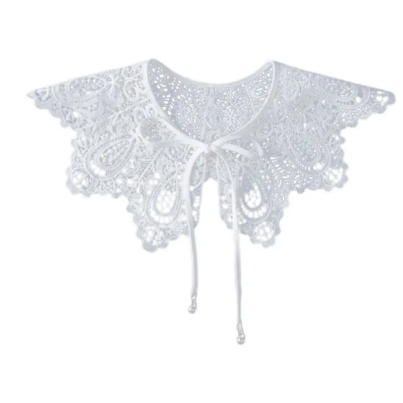 Vintage Womens False Fake Collar Hollow Out Crochet Lace Half Shirt Necklace Shawl with Imitation Pearl Bowtie