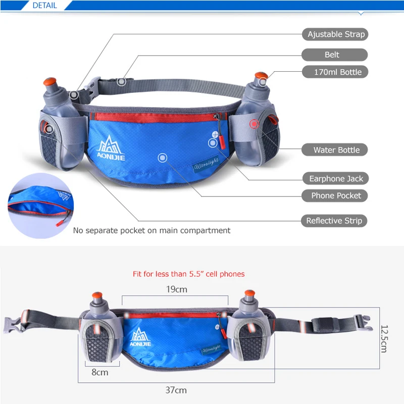 AONIJIE E882 Marathon Jogging Cycling Running Hydration Belt Waist Bag Waist Belt Fanny Pack with 2pcs 170ml Water Bottles