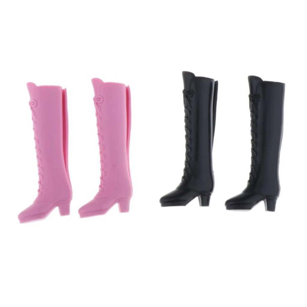 2Pairs Dolls Lace Up Boots, Pink Black White, For Blythe BJD Licca Momoko Azone Dolls, 30cm Dolls Dress Up Accessory