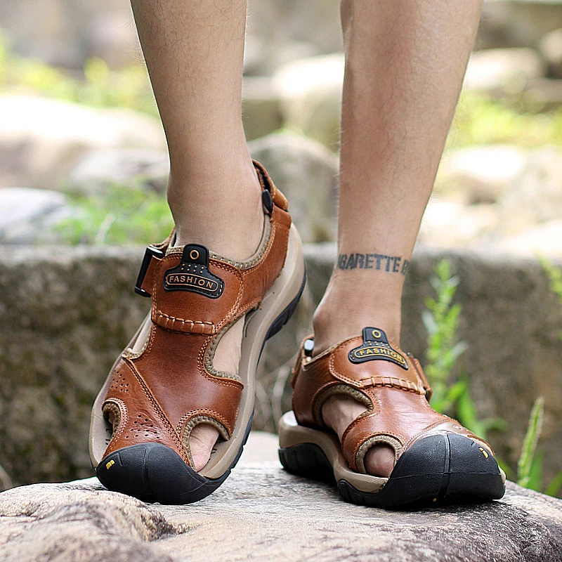 Classic Men's Sandals Summer Soft Sandals Comfortable Men Shoes Genuine Leather Sandals Big Size Soft Outdoor Men Roman Sandals