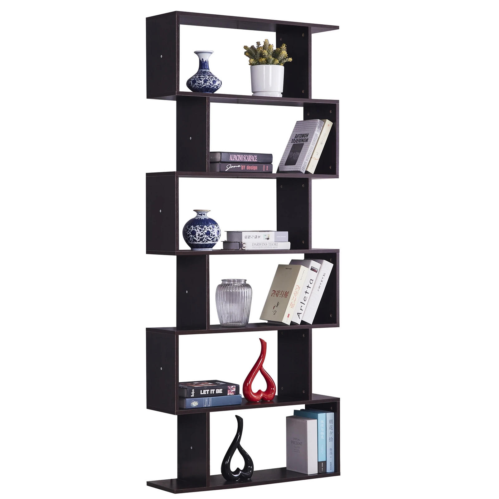 6 Shelf Bookcase, Modern S-Shaped Z-Shelf Style Bookshelf, Multifunctional Wooden Storage Display Stand Shelf Dark Brown