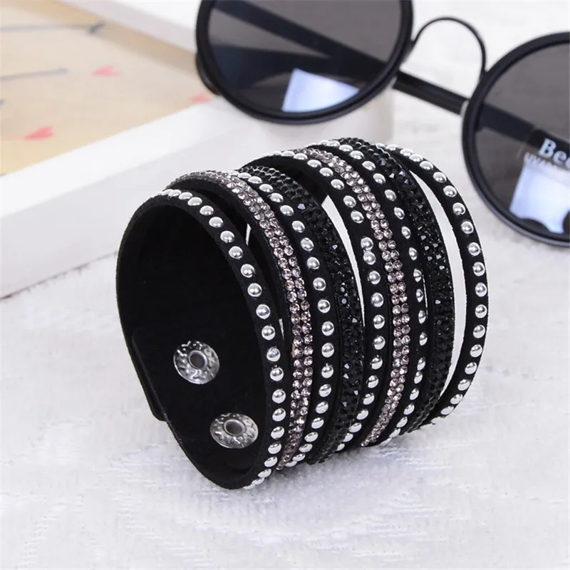 Handmade Leather Bracelets for Women Full rivet Crystal Round Wide Men Women Bracelet New arrvial Gift Jewelry