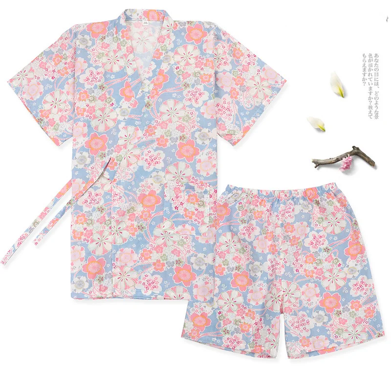 Japanese Tradition Style Sakura Print Pajamas Shorts Set Woman Short Sleeve Loose Kimono Yukata Bathrobe Sweat Steam Sleep Wear