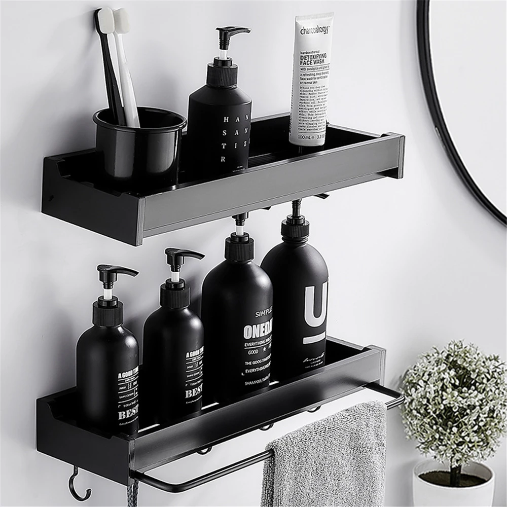 

Black Bathroom Shelf Holder with Towel Rod Hanging Shower Storage Rack Shampoo Tray Stand No-drill Floating Shelf Organizer