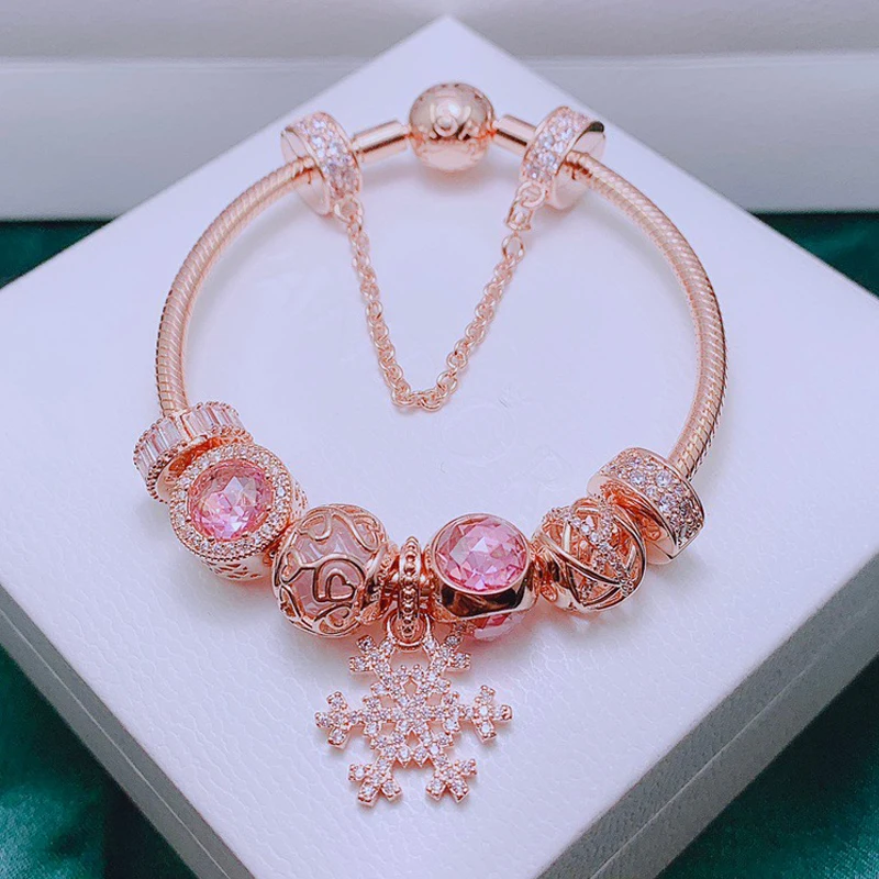 Finished Complete Rose Gold Plated Bracelet with Rose Pink Charms For Women Fit European Pandora Charm Beads Jewelry-Snowflake