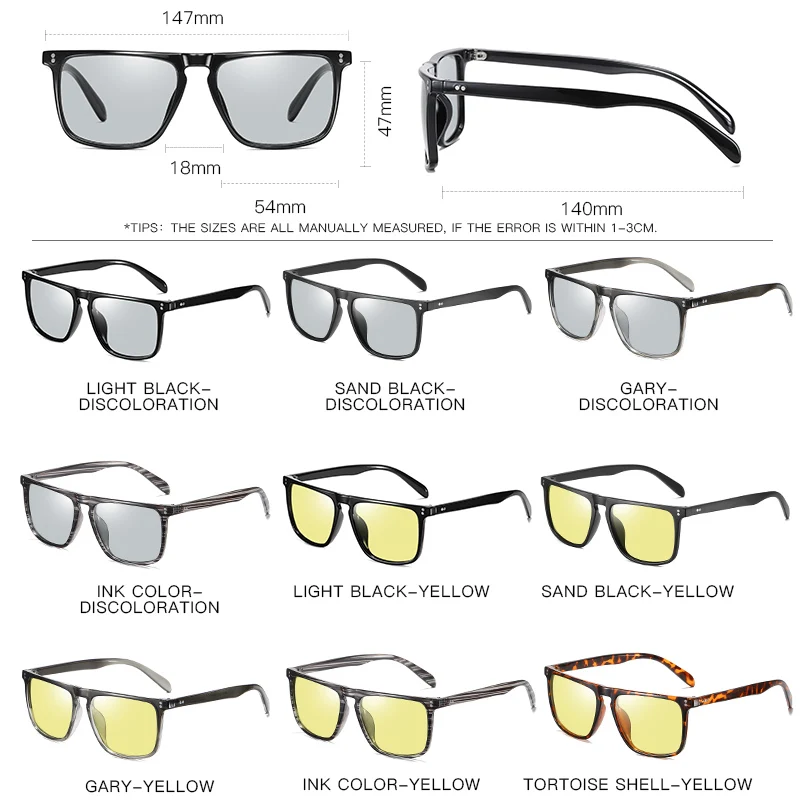 New Photochromic Sunglasses Men Polarized Driving Sun Glasses Square Rivet Frame Women Change Color Eyewear UV400 Protection