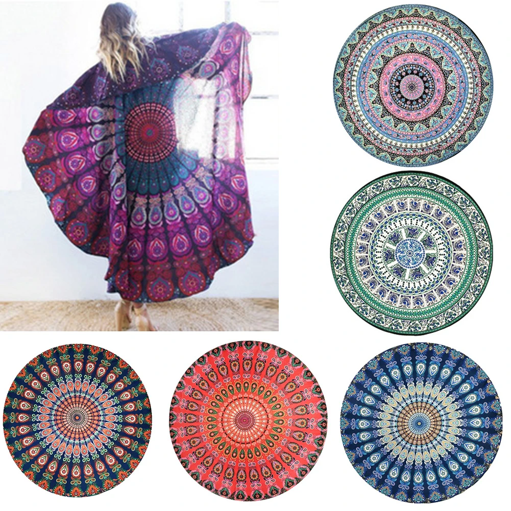 1 Pack Retro Style Round Tapestry Chiffon Sunblock Shawl Beach Towel Outdoor Yoga Picnic Mat Towel Easy Dry