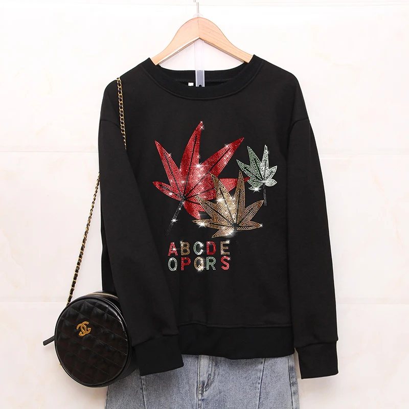 

Spring Autumn Fashion Loose Sweatshirts female Creativity Maple leaf Pattern Hot diamonds Casual Round neck women tops pullovers