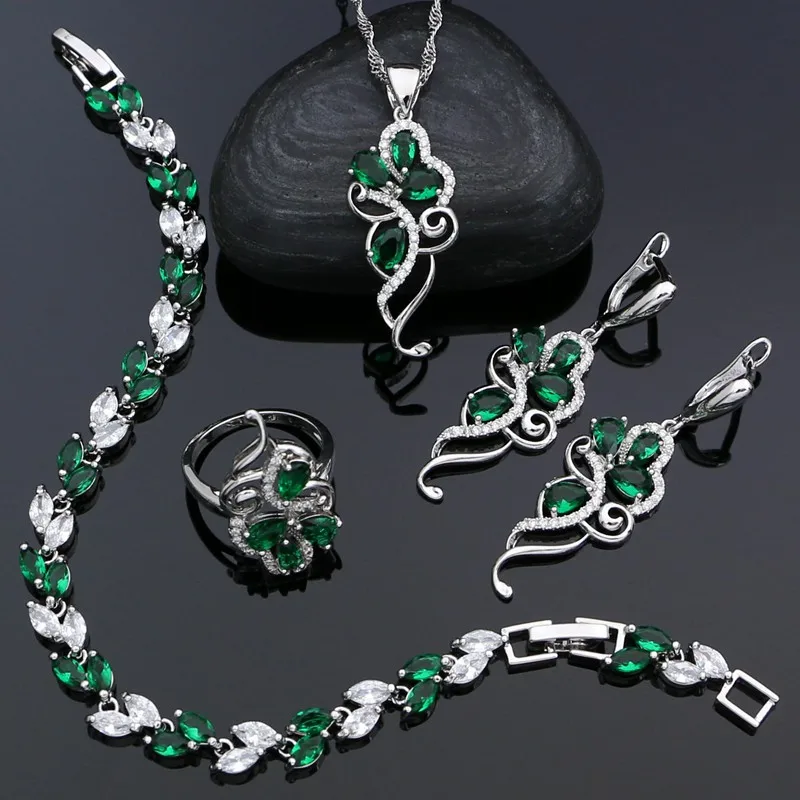 Verde Pietre In Argento Sterling 925 Set di Gioielli Da Sposa Per Le Donne Pendente Dell'anello Degli Orecchini Della Collana Del Braccialetto Kit