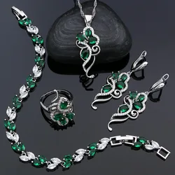 Green Stones 925 Sterling Silver Bridal Jewelry Sets For Women Earrings Pendant Ring Bracelet Necklace Kit