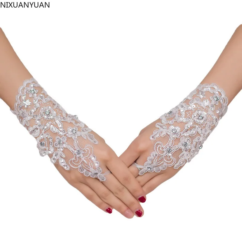 Gants de mariée sans doigts pour femmes, élégant, paragraphe court, strass, dentelle blanche, accessoires de mariage