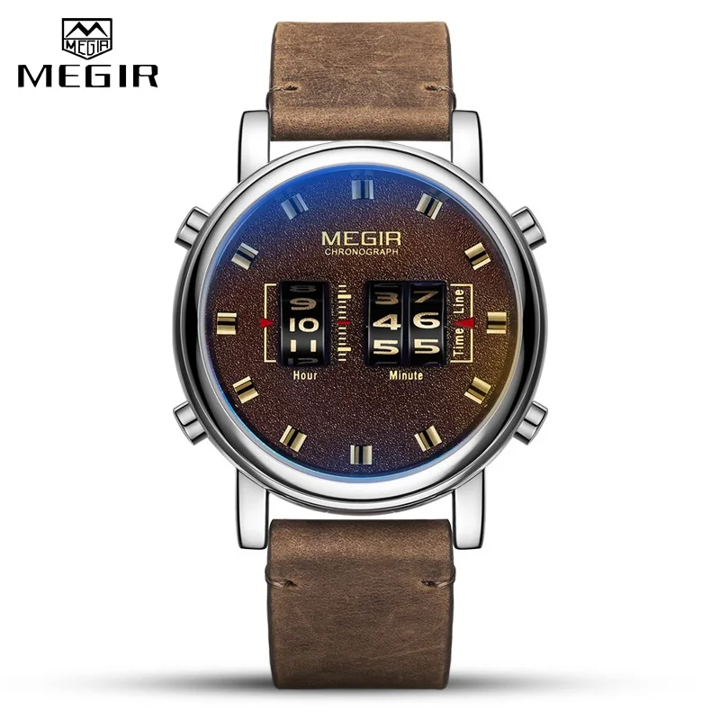 MEGIR Rolling Movement Watches for Men Personality Originality Roller Pointer Leather Fashion Casual Quartz Wristwatch Male